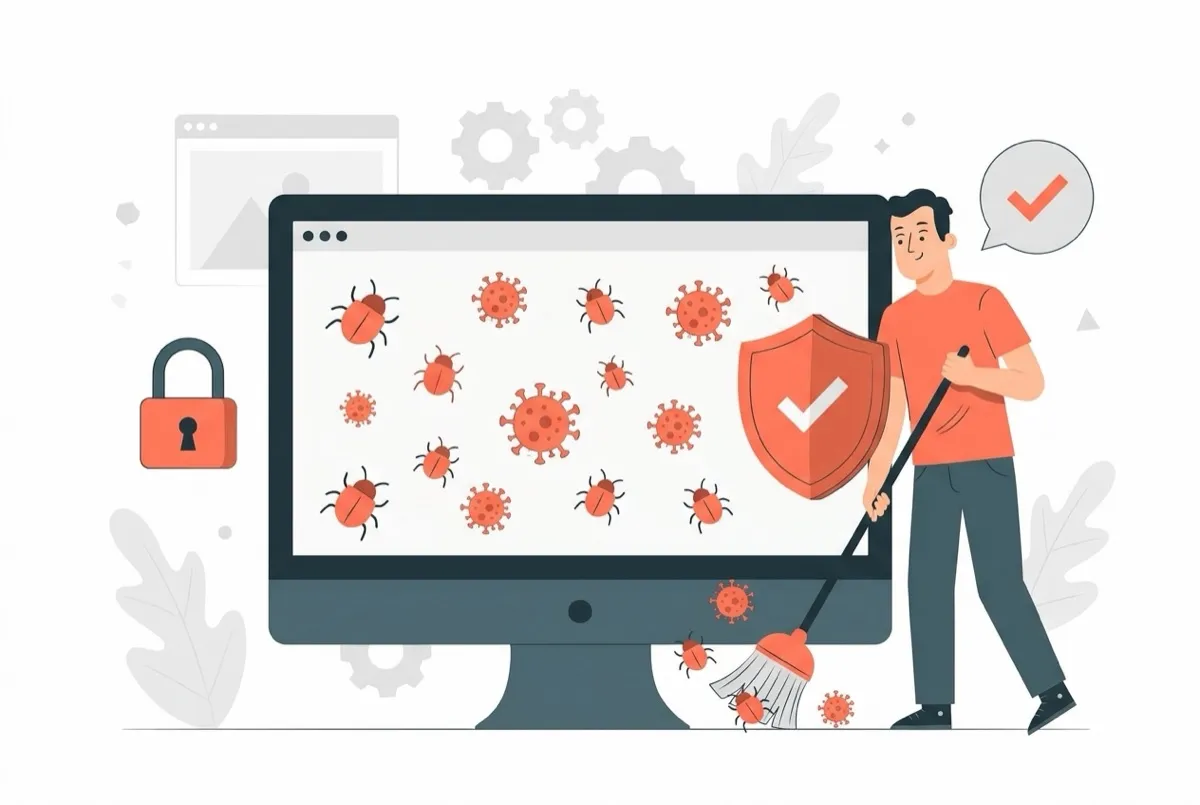Técnico limpiando una web hackeada en WordPress de virus y malware con un escudo de protección